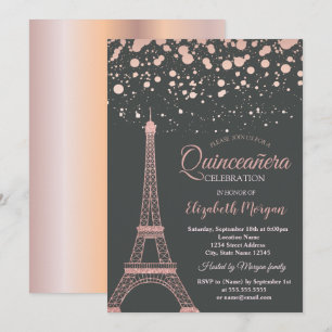Invitation Rose Gold Glitter Tour Eiffel,Dots Quinceañera