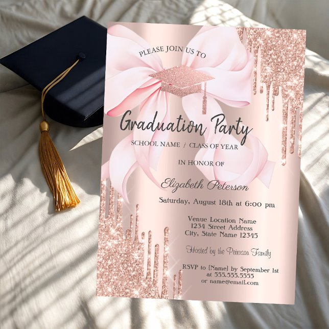 Invitation Rose Gold Grad Cap Glitter Drips Bow Graduation (Créateur téléchargé)