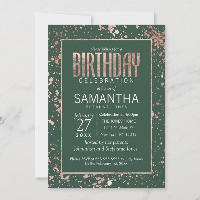 Invitation Rose Gold Green Paint Splates Anniversaire (Devant)