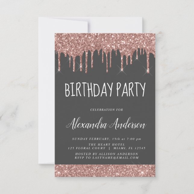 Invitation Rose Gold Grey Éperche Parties scintillant Tout âg (Devant)