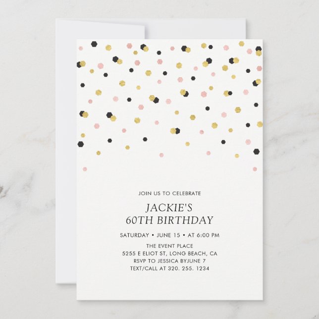 Invitation Rose Gold Hexagon Confetti Adulte fête d'anniversa (Devant)