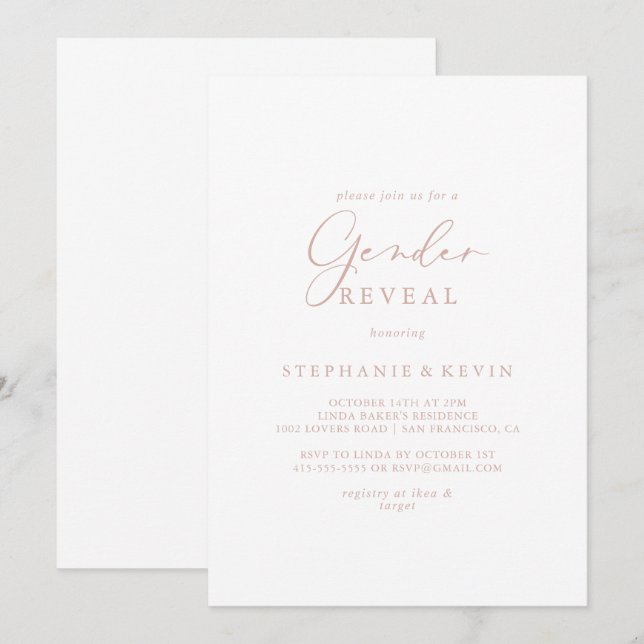 Invitation Rose Gold Idyllic Calligraphie Genre Revela Party (Devant / Derrière)