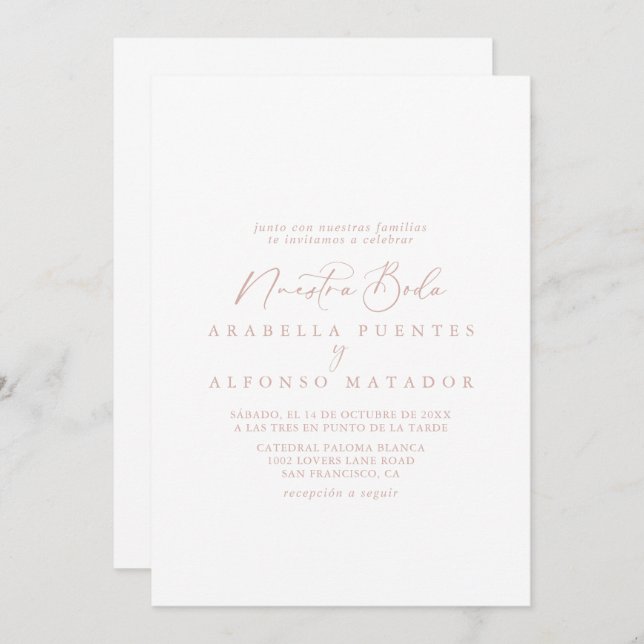 Invitation Rose Gold Idyllic Calligraphie Nuestra Boda (Devant / Derrière)