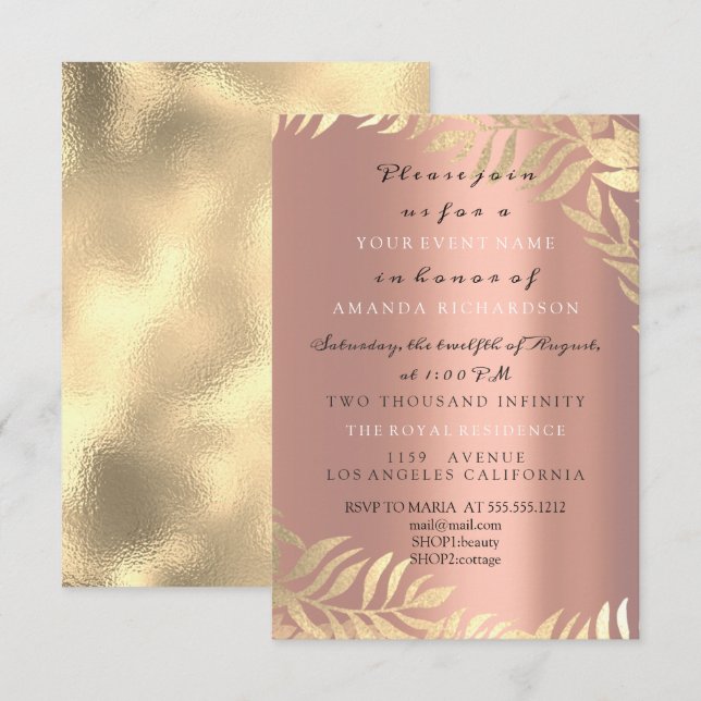 Invitation Rose Gold Jungle Rose Gold Élégante Mariage Annive (Devant / Derrière)