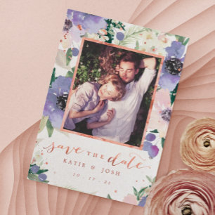 Invitation Rose Gold & Lavender Boho Photo Enregistrer la dat