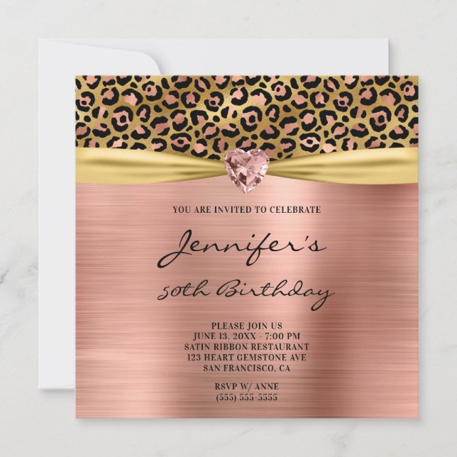 Invitation Rose Gold Leopard Foil Gem Heart 50e anniversaire (Devant)