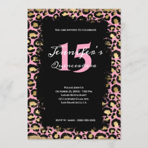 Invitation Rose Gold Léopard Grunge Safari Orange Quinceañera