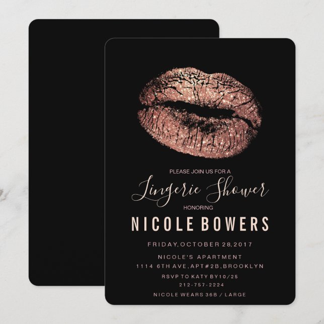 Invitation Rose Gold Lèvres pour Lingerie Shower (Devant / Derrière)