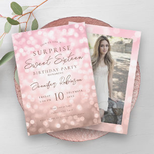 Invitation Rose Gold Lights Photo SURPRISE Sweet 16