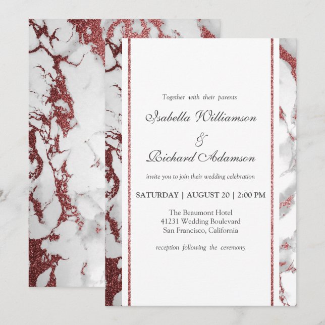 Invitation Rose  Gold Marble Mariage à la mode (Devant / Derrière)