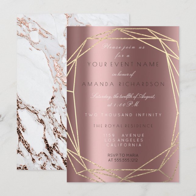 Invitation Rose Gold Marble nuptiale Anniversaire cadre polit (Devant / Derrière)