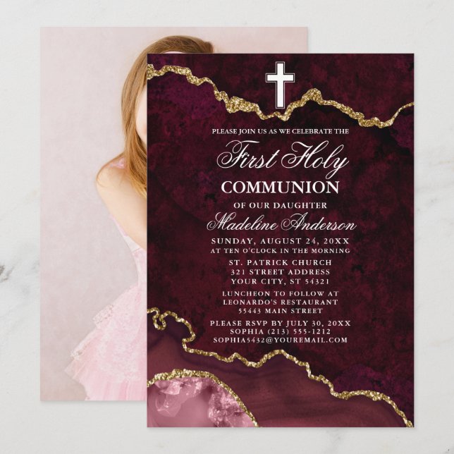 Invitation Rose Gold Marbre Agate Géode Photo Première commun (Devant / Derrière)