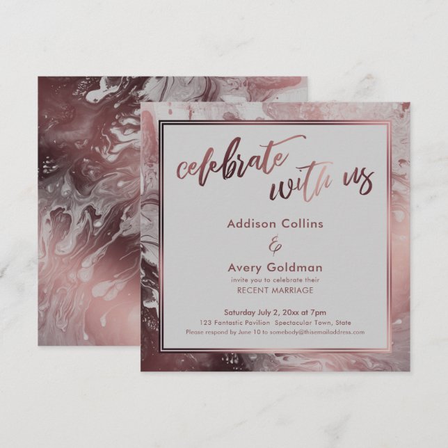 Invitation Rose Gold & Marbre Gris Clair Célébrez avec nous (Devant / Derrière)