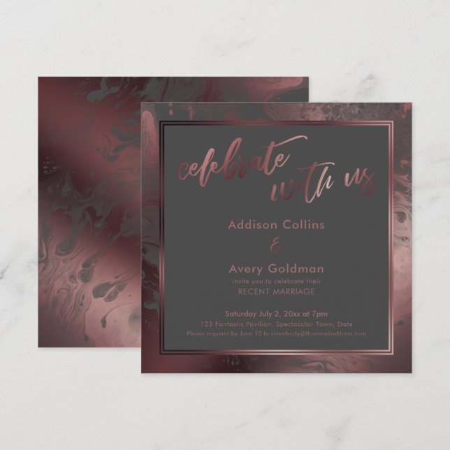 Invitation Rose Gold & Marbre Gris Foncé Célébrez avec nous (Devant / Derrière)