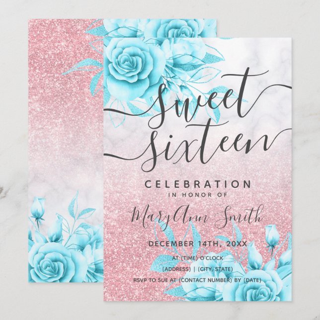 Invitation Rose Gold Marbre Turquoise Parties scintillant Flo (Devant / Derrière)