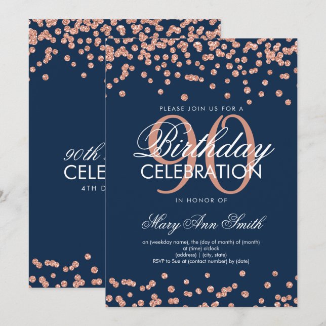 Invitation Rose Gold Marine Bleu 90e anniversaire Parties sci (Devant / Derrière)