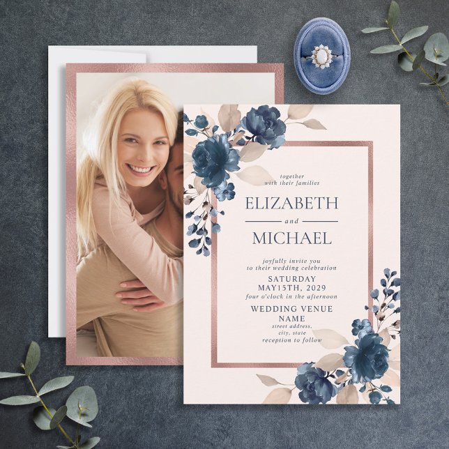 Invitation Rose Gold Marine bleu rose Floral Mariage photo (Créateur téléchargé)