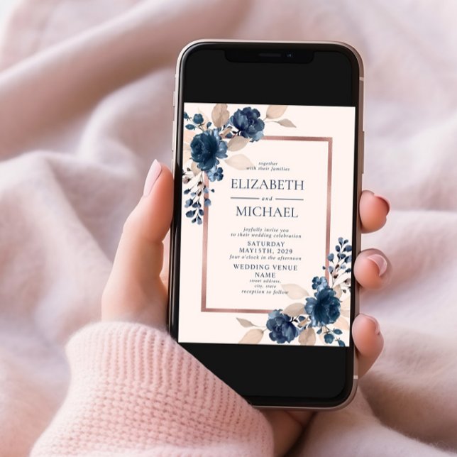Invitation Rose Gold Marine bleu rose Floral Mariage photo (Créateur téléchargé)