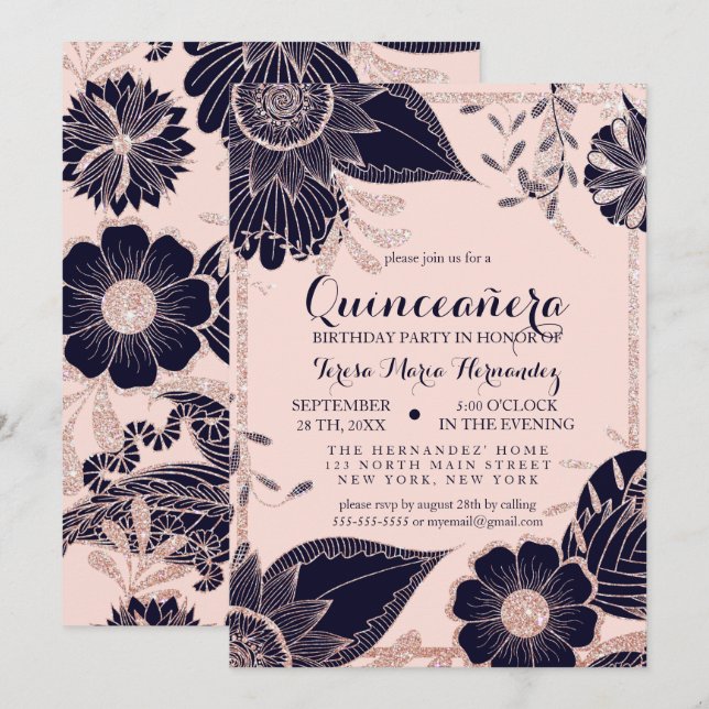 Invitation Rose Gold Marine rose Floral Parties scintillant Q (Devant / Derrière)