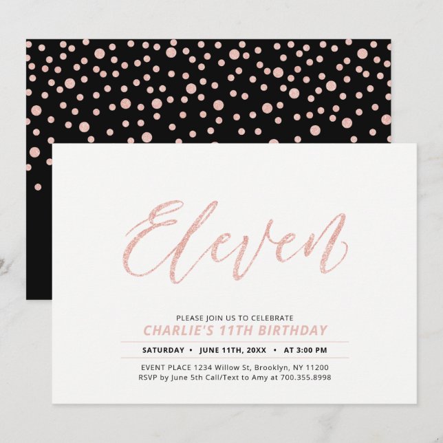 Invitation Rose Gold Modern Lettering 11ème fête d'anniversai (Devant / Derrière)