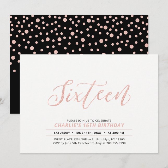 Invitation Rose Gold Modern Lettering 16e fête d'anniversaire (Devant / Derrière)