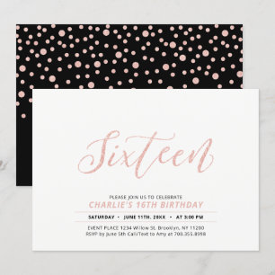 Invitation Rose Gold Modern Lettering 16e fête d'anniversaire