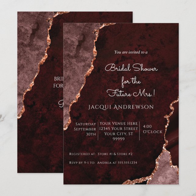 Invitation Rose Gold Moderne Agate Bourgogne Dusty Rose Bride (Devant / Derrière)