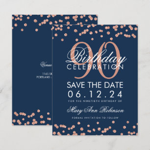 Invitation Rose Gold Navy 90th Birthday Save Date Confetti
