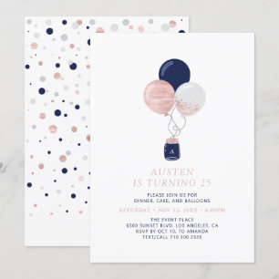 Invitation Rose Gold & Navy Ballons Moderne fête d'anniversai