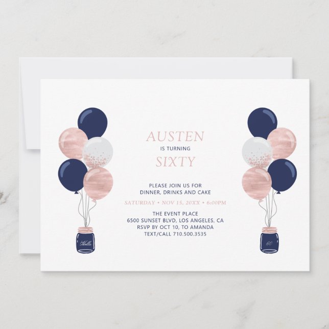 Invitation Rose Gold & Navy Balloon Moderne 30 Anniversaire (Devant)
