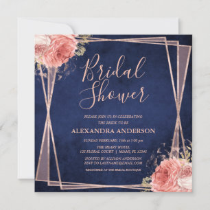 Invitation Rose Gold Navy Bleu Floral Fête des mariées modern