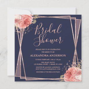 Invitation Rose Gold Navy Bleu Floral Fête des mariées modern