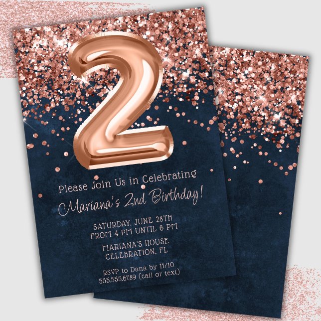 Invitation Rose Gold Navy Blue 2e anniversaire de fête Invita (Créateur téléchargé)