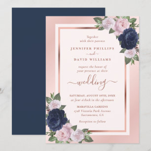 Invitation Rose Gold Navy Blue Blush Floral Mariage
