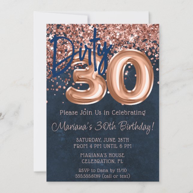 Invitation Rose Gold Navy Blue Dirty 30 Trente Anniversaire (Devant)