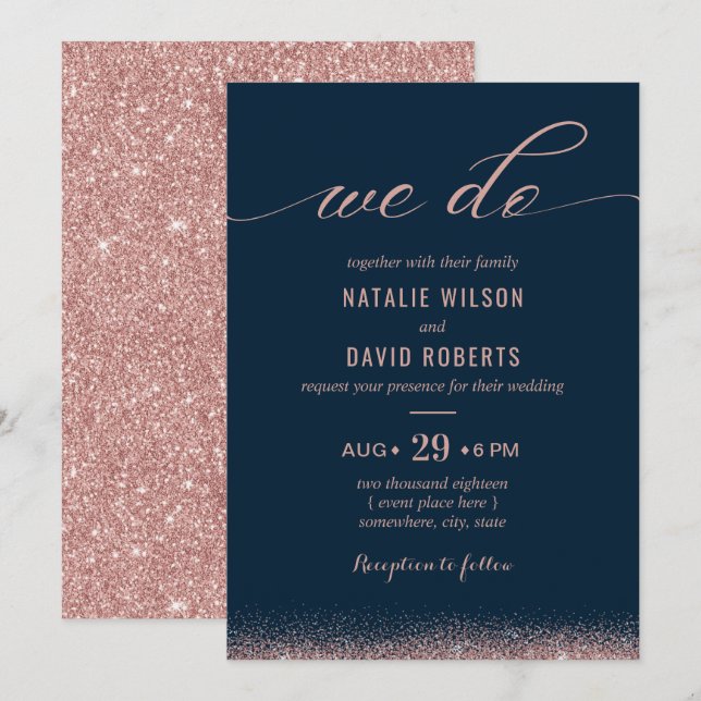Invitation Rose Gold & Navy Blue Elegant Mariage de typograph (Devant / Derrière)