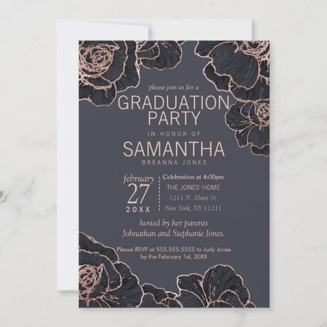 Invitation Rose Gold Navy Blue Flowers Graduation Party (Devant)