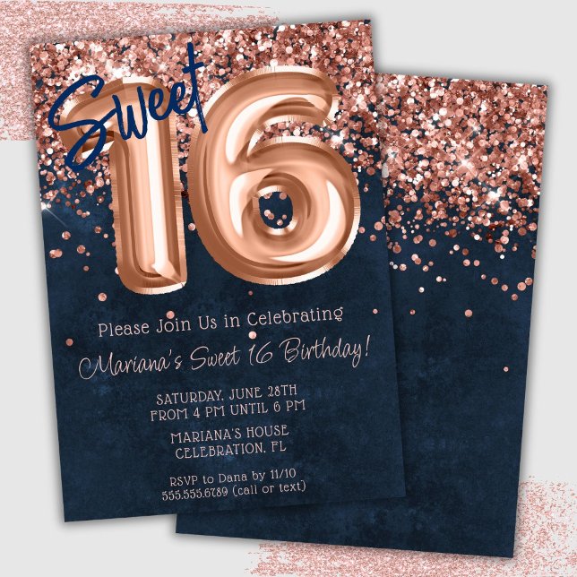 Invitation Rose Gold Navy Blue Sweet 16 Anniversaire (Créateur téléchargé)