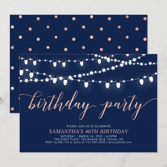 Invitation Rose Gold & Navy | Fête d'anniversaire des femmes  (Devant / Derrière)