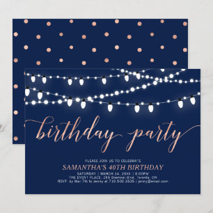 Invitation Rose Gold & Navy   Fête d'anniversaire des femmes 