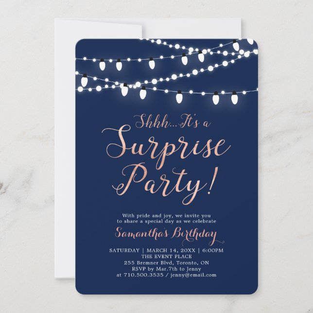 Invitation Rose Gold & Navy | Fête d'anniversaire surprise mo (Devant)