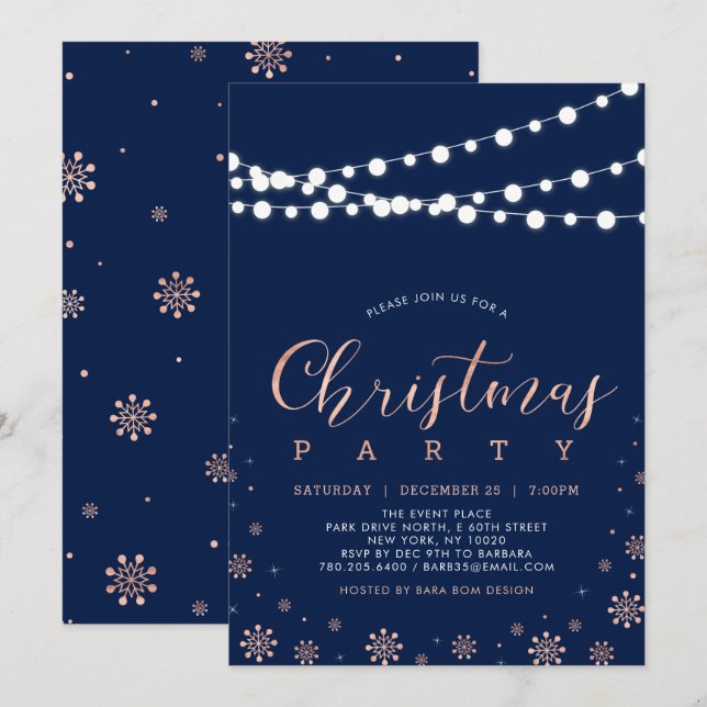 Invitation Rose Gold & Navy | Fête de Noël chic moderne (Devant / Derrière)