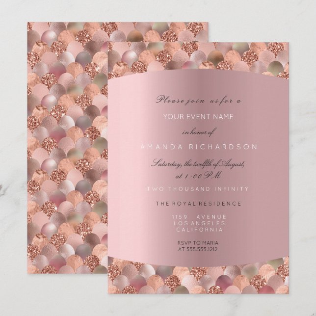 Invitation Rose Gold Noir Blanc Écailles de Sirène Blush Mari (Devant / Derrière)