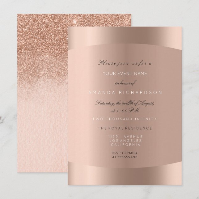 Invitation Rose Gold Noir Blanc Minimal Glitter Ombre (Devant / Derrière)