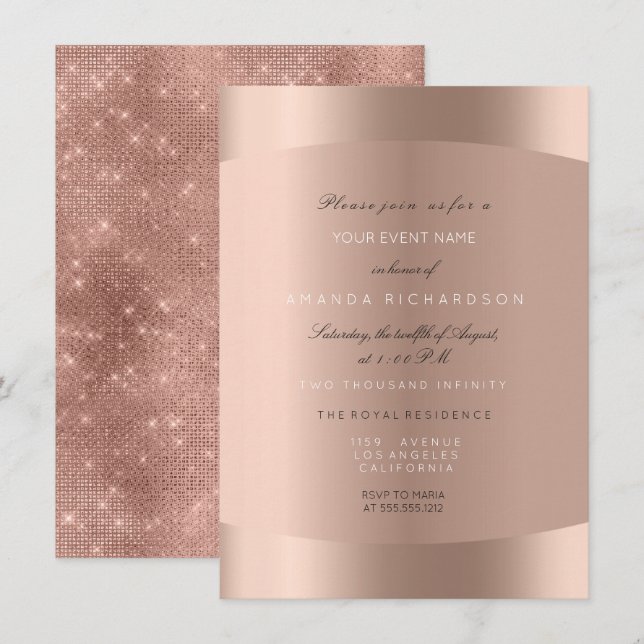 Invitation Rose Gold Noir Blanc Minimal Pailleté Étincelant (Devant / Derrière)