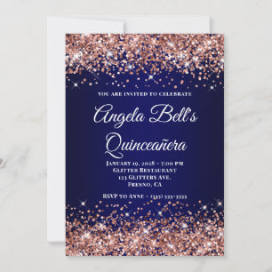 Invitation Rose Gold Pailleté Bleu Nuit Ombre Quinceanera