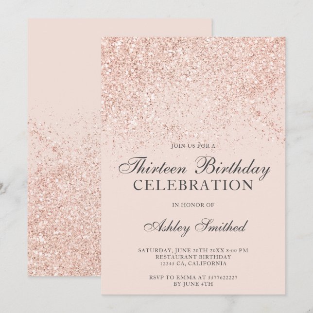 Invitation Rose gold pailleté éclaboussures rose treize (Devant / Derrière)