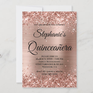 Invitation Rose Gold Pailleté Feuille Fancy Monogram Quinceañ