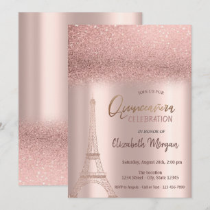 Invitation Rose Gold Pailleté Ombre, Tour Eiffel Quinceanera 