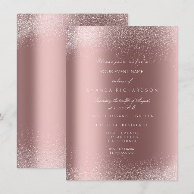 Invitation Rose Gold Pailleté Sable Mariage Anniversaire (Devant / Derrière)